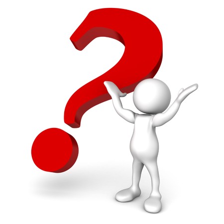 Three dimensional render of a cartoon human figure, with his hands in the air, asking for help while standing in front of a question mark. の写真素材