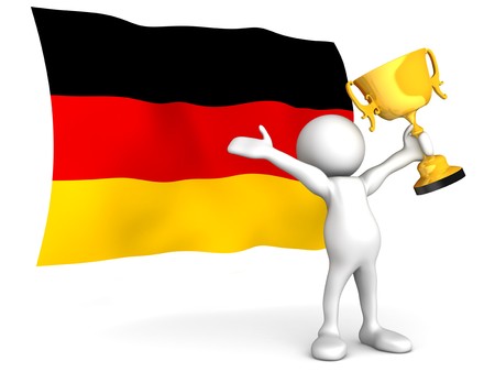 Three dimensional render of a cartoon human figure, holding a trophy aloft in celebration, in front of the flag of Germany. Isolated on white.の写真素材