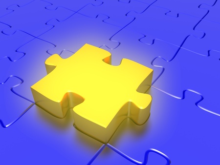 Quality 3D render of a golden puzzle piece acting as the perfect fit for a jigsaw puzlle. Conceptual business idea.の写真素材