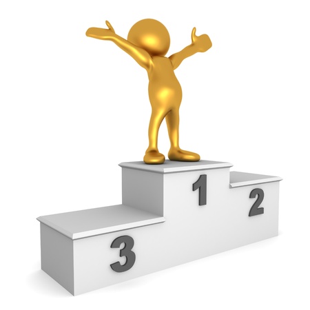 3D render of a golden human figure on top of a podium celebrating his achievementの写真素材