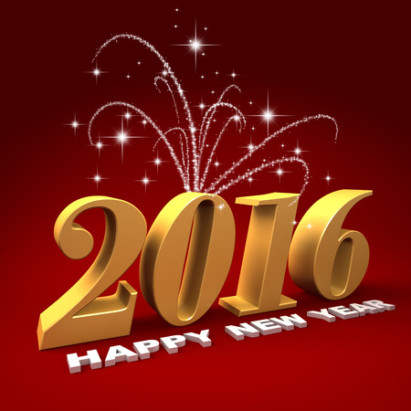 Three dimensional render of 2016 text with fireworks