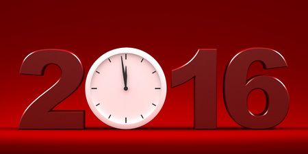 Three dimensional render of 2016 text and a clock