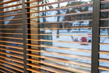 Winter Scene Through Wooden Blinds, Rustic Charm and Cozy Interior Design, Snowy Landscape View,...
