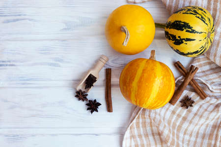 Autumn flatlay composition with pumpkin cinnamon and anise stars. Halloween concept. Flat lay, top...