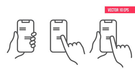 Pair of hands holding smartphone or mobile phone with chat or messenger application on screen. Instant messaging and chatting, online communication. Hand holding smartphone. Line iconのイラスト素材