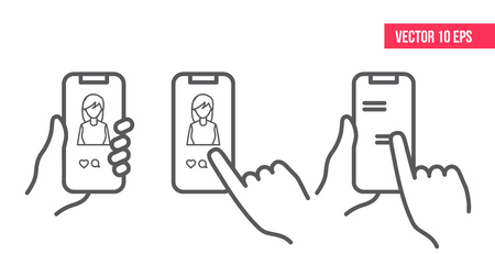 Smartphone application concept. Like icon, hand icon. Text message mobile phone. Social media concept.のイラスト素材