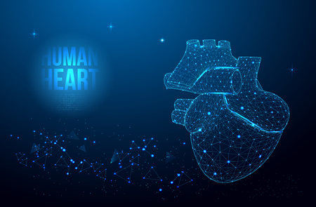 Human heart anatomy form lines and triangles, point connecting network on blue background. Health concept. Illustration vectorのイラスト素材