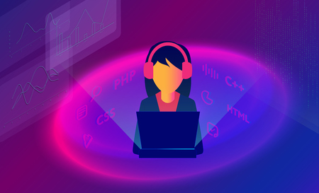 Isometric 3d illustration of girl programmer coding a project using computer. Girl programmer or web engineer freelancer at work, on violet background with code symbols. professional on the laptop.のイラスト素材