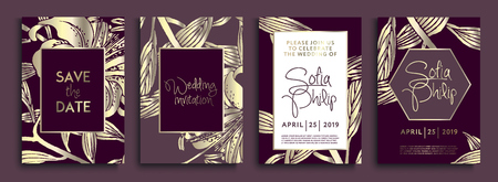 Wedding invitation with flowers and leaves on gold, dark texture.のイラスト素材