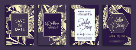 Wedding invitation with flowers and leaves on gold, dark texture.のイラスト素材