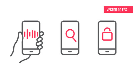 Smartphone with private lock icon on screen, Voice technology icon, find icon vector, analysis icon. Vector design interface. mobile in hand.のイラスト素材