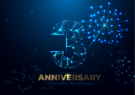 Anniversary 3. Geometric polygonal Anniversary greeting banner. gold 3d numbers. Poster template for Celebrating 3th anniversary event party. Vector fireworks background. Low polygon.のイラスト素材