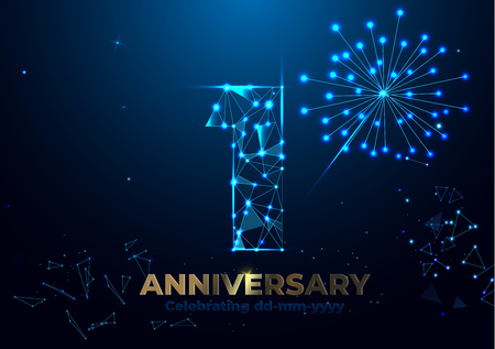 Anniversary 1. Geometric polygonal Anniversary greeting banner. gold 3d numbers. Poster template for Celebrating 1th anniversary event party. Vector fireworks background. Low polygon.のイラスト素材