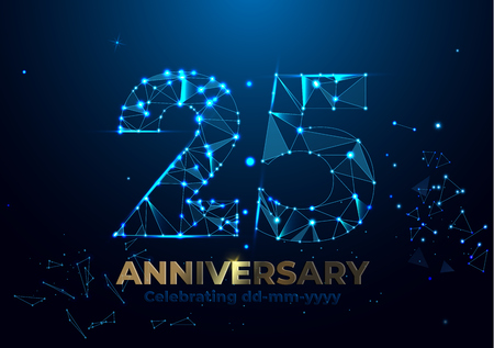 Anniversary 25. Geometric polygonal Anniversary greeting banner. gold 3d numbers. Poster template for Celebrating 25th anniversary event party. Vector fireworks background. Low polygon.のイラスト素材