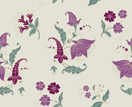 Kalamkari. Floral seamless pattern can be used for wallpaper, textile printing, card. Hand drawn endless vector illustration of flowers on light background. Floral background.  Fabric Printingのイラスト素材