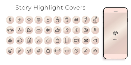 Highlights Stories Covers line Icons. Perfect for bloggers. Set of 40 highlights covers. Fully editable vector file.のイラスト素材