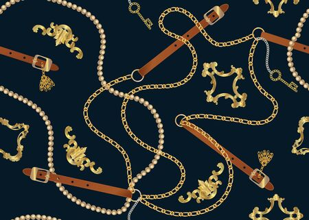 Baroque Seamless pattern with belts, chain, braid, Golden Key and pearls.  Baroque print with jewelry elements. Background for fabric design. 1tのイラスト素材