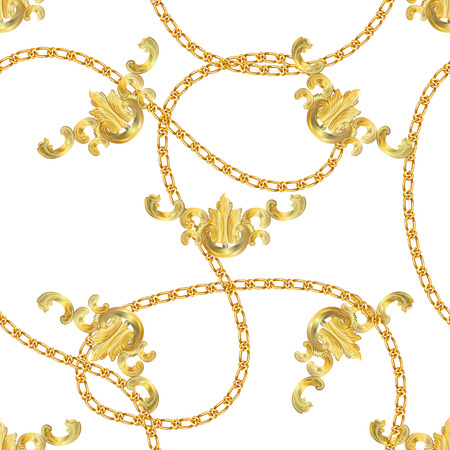 Baroque print with golden chains, golden key, pearls,  belts, baroque elments. Seamless Baroque vector pattern. Vector patch for print, fabric, scarf design.のイラスト素材