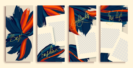 Trendy editable stories templates with blue and orange flowers, vector illustration. Design backgrounds for social media stories.のイラスト素材