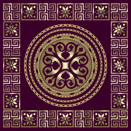 Border with golden baroque elements, golden chains on a dark background. damask seamless pattern with golden chains.のイラスト素材