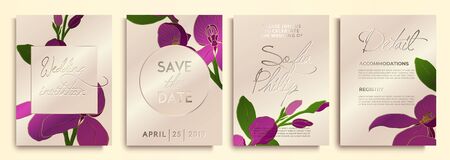 Wedding invitation with flowers and leaves on gold, pink texture. luxury card on gold backgrounds, artistic covers design, colorful texture.のイラスト素材