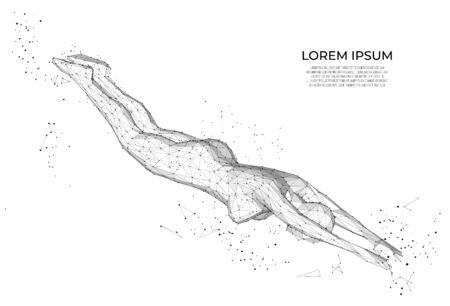 Human body low poly wireframe. Woman Jumping Diving in Swimming Pool. Vector polygonal image. Polygonal wireframe mesh art, poly low. human anatomyのイラスト素材