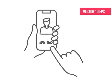 Mobile Phone Line Icon. Smartphone or mobile phone ringing in a human's hand. line icon. Hand holding smartphone.のイラスト素材