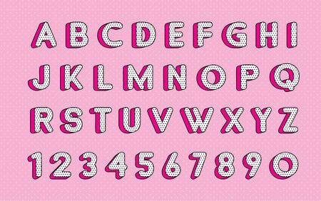 Cute polka dots 3D english alphabet letters set.  Vector LOL doll surprise style. Happy birthday alphabet with hot pink shadow.のイラスト素材