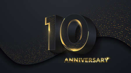 10th Anniversary celebration. Golden number 10 on black paper cut background with golden glitters. Vector festive illustration. Birthday or wedding party event decorationのイラスト素材