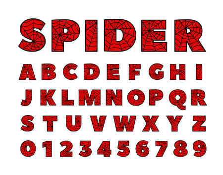 Spider font. Spiderman alphabet. Black letters on Red background.のイラスト素材