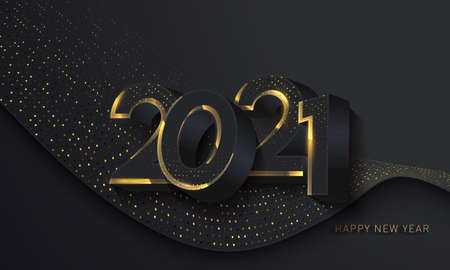 Happy 2021 new year card in paper cut style. Happy New Year 2021 Shining background. Holiday vector illustration of black numbers and sparkling glitters pattern. 2021 Happy new year greeting banner.のイラスト素材