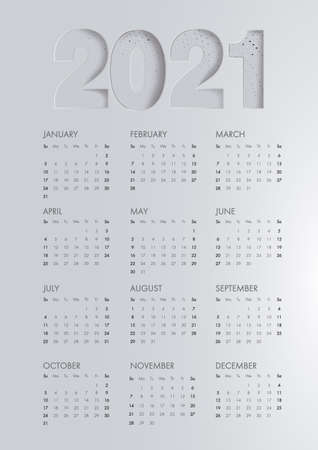 Calendar template for 2021 year. Corporate and business calendar. Calendar 2021 week start Sunday corporate design planner template. Planner diary in a minimalistBlack paper cut background. VIP designのイラスト素材