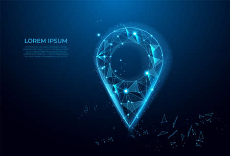 Gps, location sign in futuristic abstract style on blue background. Gps navigator pin. Map pointer sign. Route navigator. Polygon vector wireframe concept. Low poly, mesh art.のイラスト素材