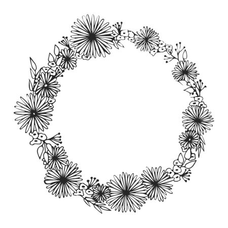 Floral frame. Spring blossom. Vector linear hand drawn illustration. Flowers in circle. Black and white doodleのイラスト素材