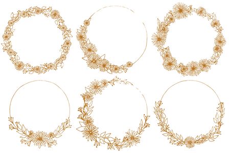 Six floral frames. Set of hand drawn vector illustration. Circle of spring flowers. Round gold ornament.のイラスト素材