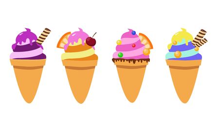 Yellow, pink, blue, orange ice-cream cones. Vector bright colorful illustration.のイラスト素材