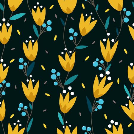 Seamless floral pattern. Modern pattern with yellow flowers, blue leaves for textile, wrapping paper on black background. Flat vector illustrationのイラスト素材