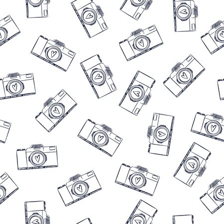Seamless Pattern. Retro Camera Icon isolated on White Background. Vector hand drawn Illustration. Line Style.のイラスト素材