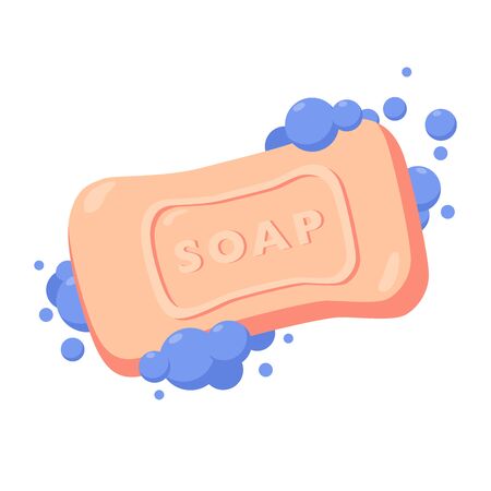 Bar of soap with foam isolated on white background. Vector flat illustration. Soap Bar with Bubbles. Pink bath soap in water.のイラスト素材