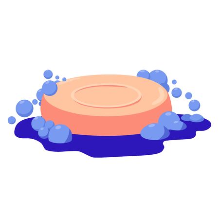 Bar of soap with foam isolated on white background. Vector flat illustration. Soap Bar with Bubbles. Pink bath soap in water.のイラスト素材