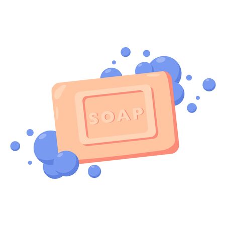 Bar of soap with foam isolated on white background. Vector flat illustration. Soap Bar with Bubbles. Pink bath soap in water.のイラスト素材