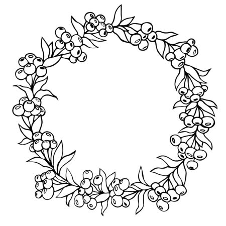 Botanical floral circular frame. Vector hand drawn linear black and white illustration. Circle of berries. Flower graphis tattooのイラスト素材