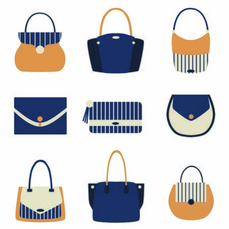 Detailed blue, white, beige female handbag on a white background. Isolated vector flat illustration. Set of woman bag or purse. Beauty and elegance shop collectionのイラスト素材