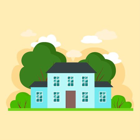 Simple flat blue house with green trees on yellow background. Vector Illustration of cityscape. Cottage, modern architecture. Idea of real estate.のイラスト素材