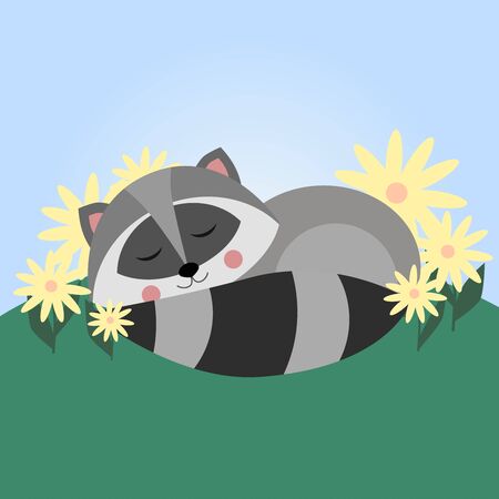 Cute sleeping raccoon in flowers. North American raccoon, native mammal. Cartoon animal design. Flat vector illustration isolated on yellow background. Forest inhabitant. Wild animal with gray fur.のイラスト素材