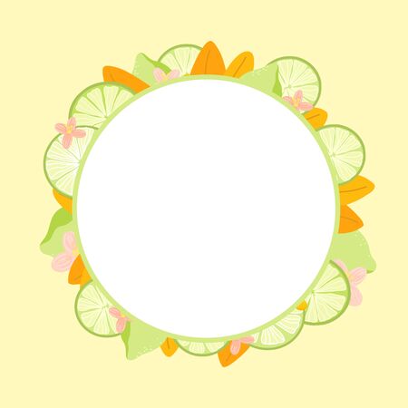 Tropical yellow citrus round frame. Lime, pineapple, flowers, berries. Bright exotic circle border. Healthy vegetarian food. Fresh and juice fruitsのイラスト素材