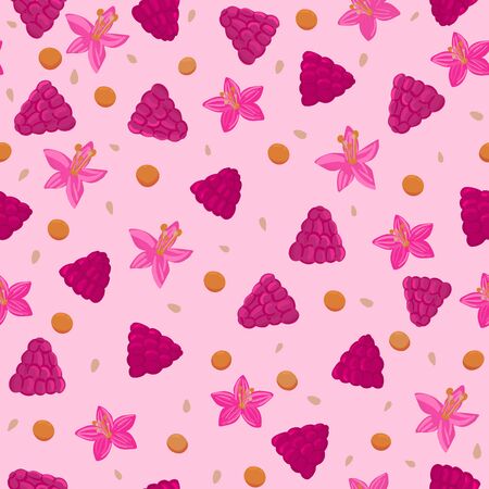 Summer pink raspberry and flowers seamless pattern. Bright red texture. Healthy vegetarian food. Fresh and juice fruits and berries. Vector illustrationのイラスト素材