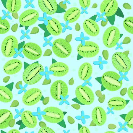 Summer green kiwi seamless pattern. Bright blue texture. Healthy vegetarian food. Fresh and juice fruits and berries. Vector illustrationのイラスト素材