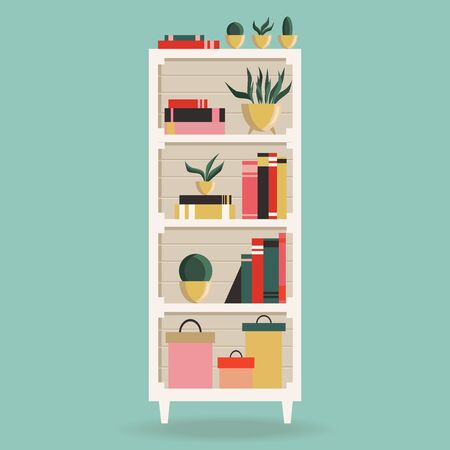 White bookshelf with books and plants. Element of home interior design. Modern interior. Shelves from drawers full of boks. Vector illustration isolated on a light blue background.のイラスト素材