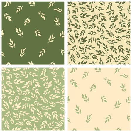 Set of 4 Simple Floral Vector Seamless Patterns. Green, beige Leaves on a light Background. Lovely Repeatable Spring Layouts. Soft Green Abstract Falling Twigs.のイラスト素材